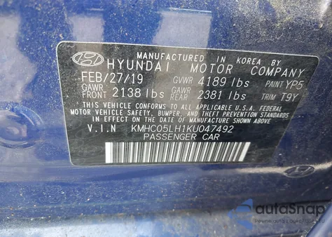 2019 Hyundai Ioniq Electric Limited from USA, damaged, VIN KMHC05LH1KU047492